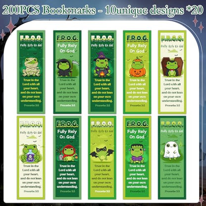 Fully Rely on God Frog Bookmarks - Cosmisun 200 Pcs Halloween Bookmark Paper Christian Bible Verse Book Marks Page Marker Church Gifts for Women Men Sunday School Book Lovers VBS Party Rewards - color: Halloween Frog