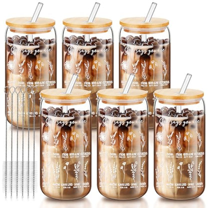6 Pcs Christian Gifts for Women Christian God Says You Are Glass Tumblers Set 16oz Iced Coffee Cups with Lids Glass Straws Scripture Bible Verse Cups Gifts for Women