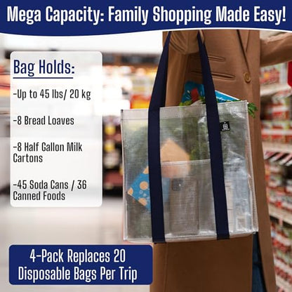 VENO 4 Pack Large Grocery Bag Reusable Shopping Bags with Hard Bottom - color: Clear