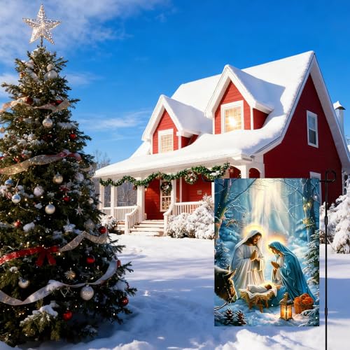 IVN Merry Christmas Nativity Scene Garden Flag 12x18 Inch Double Sided - color: Forest Nativity Scene