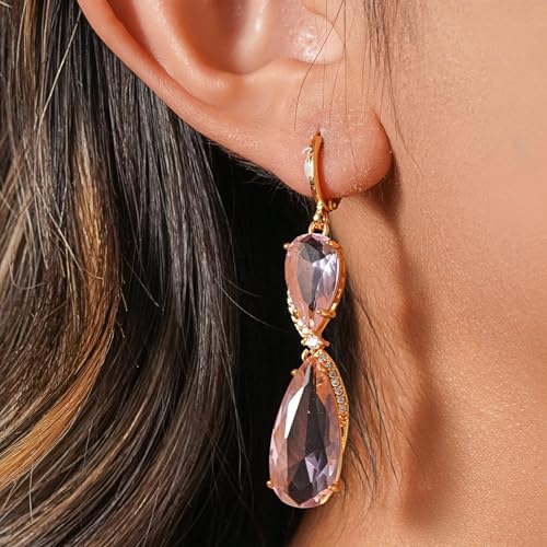 18K Gold Plated, Dangle Earrings for Women, Flower/Heart Drop earrings, Hypoallergenic Cubic Zirconia Earrings, Lightweight, Party, gold earrings, Jewelry for Gifts, Fashion - style: 7507-Pink