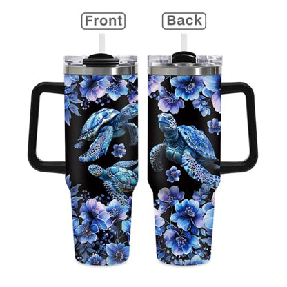 40oz Dark Mystical Sea Turtle Tumbler with Straw, Goth Blue Floral Ocean Gifts for Women Girls, Black Aesthetic Stainless Steel Insulated Travel Coffee Mug with for Teens Sister Cool Bestie Birthday - color: Sea Turtle-D-174