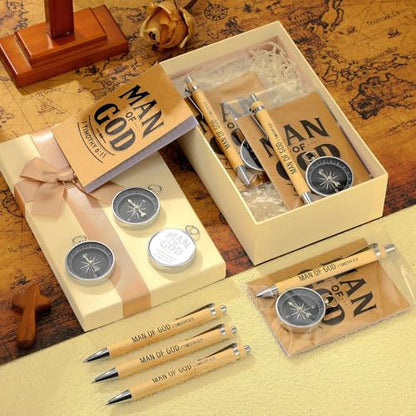 Chiisong 25 Set Man of God Gifts Include 25 Christian Mini Compass, 25 Religious Notebooks, 25 Bamboo Ballpoint Pens for Father's Day Pastors Church Travel Party Favors(25 Sets,Black, Silver) - color: Black, Silver
