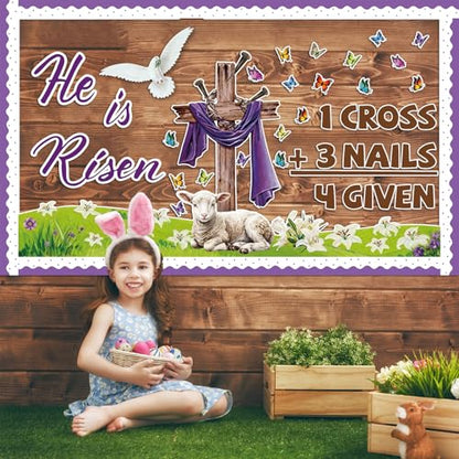 Christian Easter Bulletin Board Set He is Risen Classroom Decoration Jesus Forgiven Cross Butterfly Lily Christian Religious Paper Cutouts for Spring Sunday School Church Home Chalkboard Wall Decor