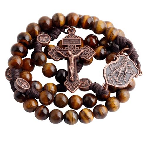 HanlinCC Stone Beads St.Michael Paracord Catholic Rosary with Bag for Men - style: Tiger Eyes