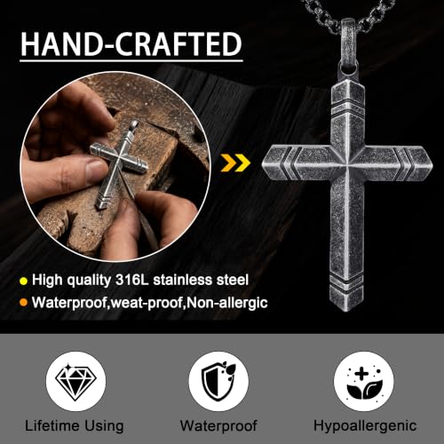 Stainless Steel Cross Necklace for Men with Adjustable Box Chain Christian Cross neckalce Gift - color: Grey-Black