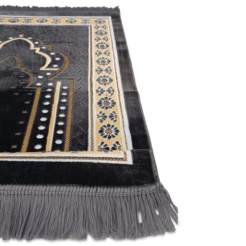 Turkish Muslim Prayer Rug, Mat with Beads for Men Women, Ramadan Hajj Gift (Gray) - color: Grey