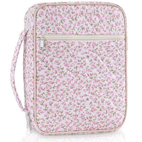Bible Cover Case for Women Large Floral Bible Bag Organizer Quilted Study Supplies Accessories Carrying Cases for Girls Portable Tote Bag Christian Gifts - color: Pink Flower