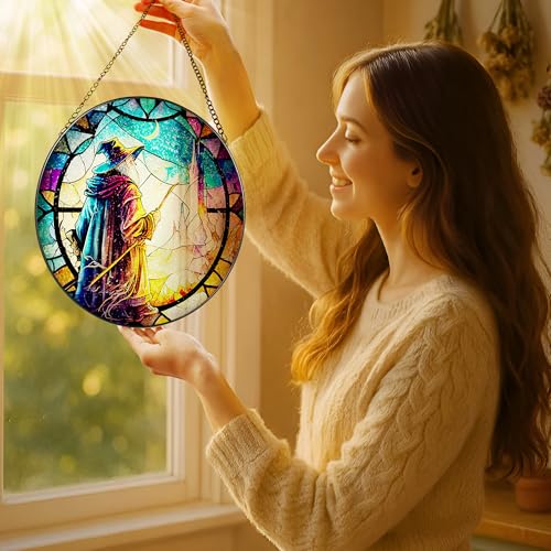 Stained Glass Window Hanging, LAOWEIKI 8'' Witch Suncatcher, Stained Glass Ornament, Suncatchers for Windows Hanging, Window Decor, Outdoor or Indoor, Gifts for Friends - color: Wizard