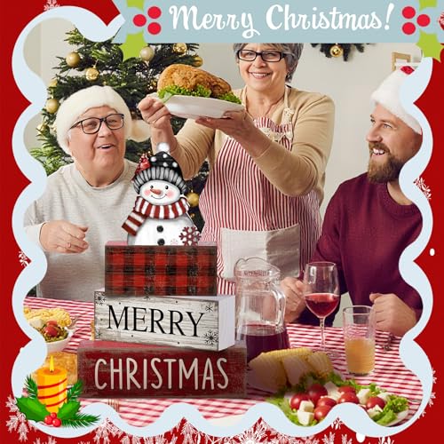 Lineshading 4 Pcs Christmas Table Decoration Wooden Snowman Decor Christmas Tiered Tray Decor Red Buffalo Plaid Block Signs Snowman Table Centerpiece Farmhouse Winter Decoration for Home Kitchen Shelf - style: Christmas Snowman