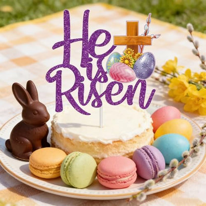 Glitter He is Risen Cake Topper Easter Egg Cake Topper for Birthday and Easter Party Decorations Baking Supplies