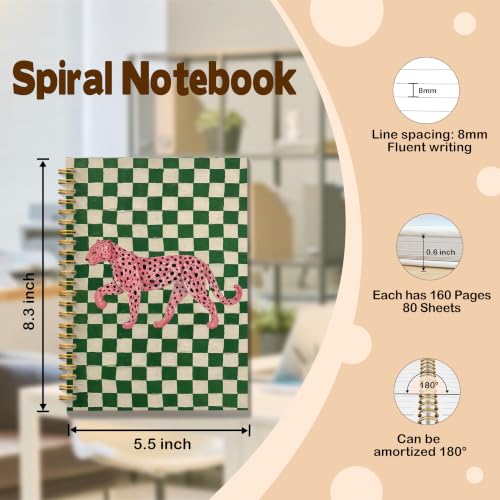 JMICTUB Pink Leopard Spiral Notebook 5.5x8.3, Cheetah Green and White Checkered Hardcover Lined Journal - color: Spiral notebook-13