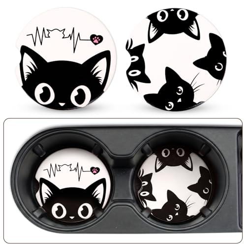 Car Coasters for Cup Holders - 2 Pack Black Cat Cup Holder Coasters for Car with Finger Notch, 2.56 Inch Cute Cars Ceramic Interior Accessories with Cork Base for Women Men - color: Black Cat