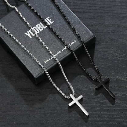 2 Pcs/3 Pcs Cross Necklace for Men, Silver Black Gold Cross Chain Stainless Steel Cross Pendant Jewelry Christian Religious Gifts for Boys Men 16-30 Inches - size: 16in, style: 2Pcs(silver+black) 1.2 "* 0.7'' pendant