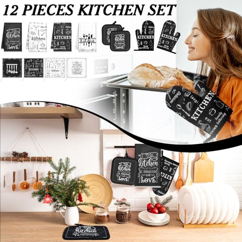 Bencailor 12 Pcs Farmhouse Kitchen Decor and Accessories Sets 4 Black and White Kitchen Towels 4 Absorbent Dishcloths 2 Pot Holders 2 Oven Mitts Gloves for Home Decor Mom Gifts - color: Black and White, style: Classic