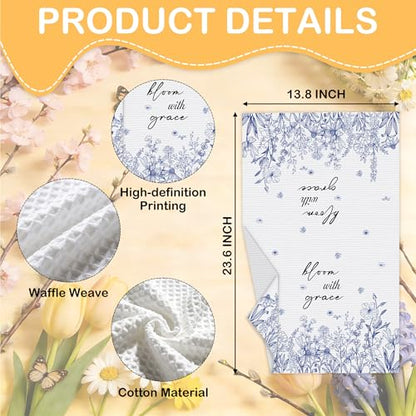 Wildflower Tea Towels For Kitchen, Bloom With Grace Blue Floral Towel, 05 - color: Blue