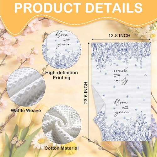 Wildflower Tea Towels For Kitchen, Bloom With Grace Blue Floral Towel, 05 - color: Blue