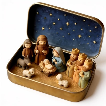 Handmade Miniature Christmas Nativity Set in Tin Box - Portable Pocket-Sized Manger Scene with Mary, Jesus, Shepherds Animals Figures - Hand-Paintedfor/Easter Gift