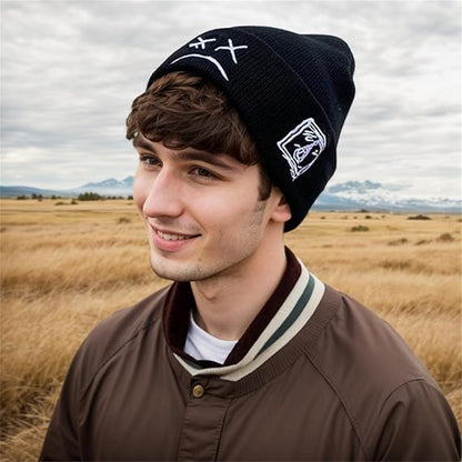 Unisex Stretch Warm Winter Skull Cap, Cold Weather Knit Beanie - color: Black - Sad Face Embroidery
