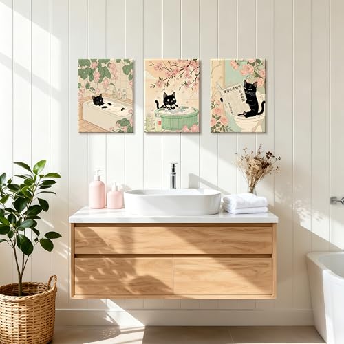 WENGTIAO 3Pcs Japanese Funny Black Cat Bathroom Wall Art Prints 12"x16" - color: Black Cat Bathroom, size: 12"x16"x3Pcs