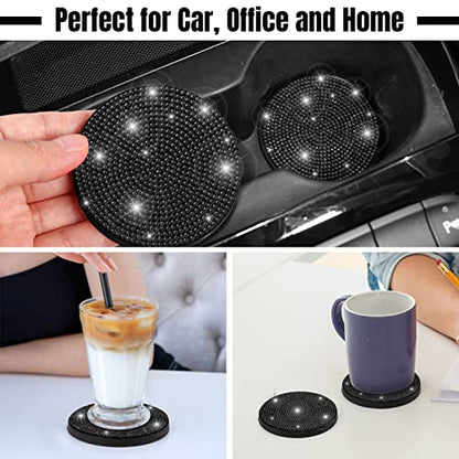 ToBeQueen Black Bling Car Cup Coasters, 4 Pack Crystal Rhinestone Bling Car Coaster Universal 2.75 Inch Anti-Slip Shockproof Car Cupholder Coaster Insert Auto Interior Accessories for Women, Black - color: C-black