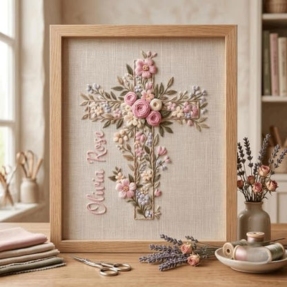 NAZENTI Custom Hand Embroidery Wooden Frame Sign Baptism Gift for Boy, Personalized Embroidered Floral Sign with Name - color: DS03