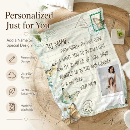 Mother's Day Personalized Photo Blanket, Custom Butterfly Blankets Gift - color: White