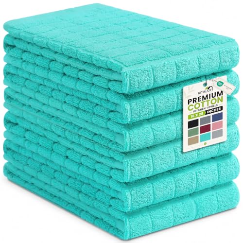 Kitinjoy Premium Cotton Check Kitchen Towels 6 Pack, 16" x 28", Aqua - color: Aqua, size: 16" x 28" - 6 Pack