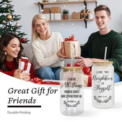 AGH Christian Gift for Women, 16oz Glass Tumbler with Lid and Straw- Inspirational Religious Gift with Prayer Quotes, Iced Coffee Cup for Birthdays, Baptism, Christmas, or Daily Encouragement