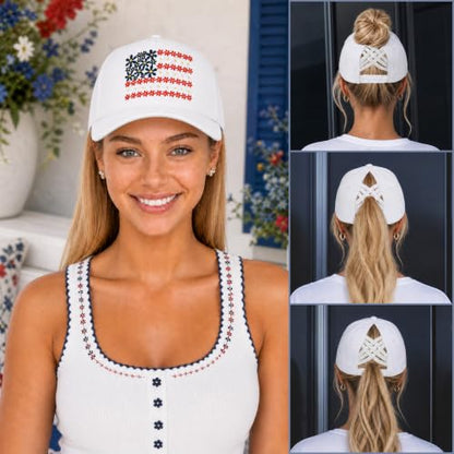 C.C Women's Criss-Cross Ponytail Trucker Hat - Snapback, One Size - color: Floral Flag-white