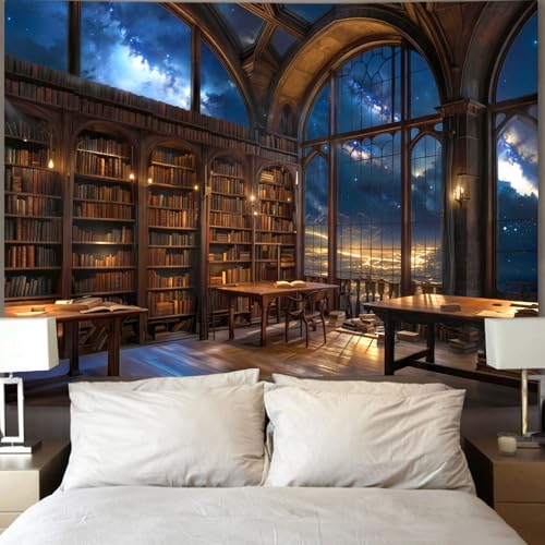 Accnicc Gothic Library Tapestry Vintage Medieval Bookshelf Tapestries Wall Hanging Fantasy Space Academia Book Extra Large Tapestry for Bedroom Living Room Dorm Classroom 90 x 68 inch - color: Brown Blue, size: 90"L x 68"W