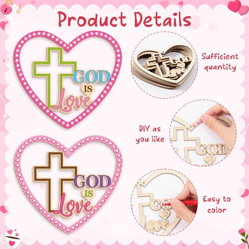 BeYumi Valentines Wooden Ornament Craft - 20Pcs Valentine's Day DIY Wooden GOD is Love Ornaments Craft Kit for Kids Make Your Own Religious Cross Decor with Gem Stickers Church School Party Supplies - style: Heart