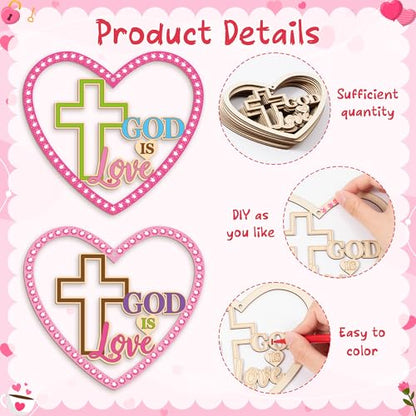 BeYumi Valentines Wooden Ornament Craft - 20Pcs Valentine's Day DIY Wooden GOD is Love Ornaments Craft Kit for Kids Make Your Own Religious Cross Decor with Gem Stickers Church School Party Supplies - style: Heart