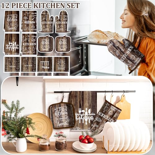 12 Pcs Farmhouse Kitchen Oven Mitts and Pot Holders Decor Sets 4 Wood Kitchen Hand Towels 4 Absorbent Dishcloths 2 Pot Holders 2 Oven Mitts Glove for Home Decorations Mom Baking Cooking Grilling Gift - color: Brown, style: Classic