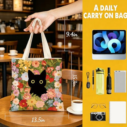 DHQH Birthday Gifts for Cat Lovers for Women, Cat Lover Gifts Beach Bag Reusable Grocery Bag, Thank You Gift for Sisters Daughter Mom Wife Who Loves Cats - style: Black Cat- Bag