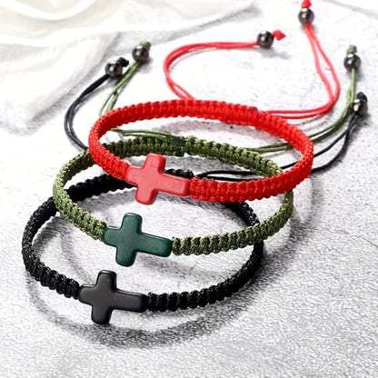 Colorful Cross Braided Handmade Woven Rope Prayer Protection Bracelet Inspirational Religious Christian Protection Bangle for Women Men Couple Friendship Jewelry - color: black