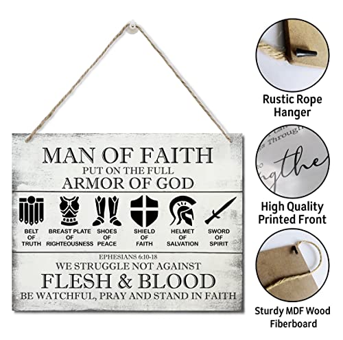 Printed Wood Plaque Sign Wall Hanging, Put on the Full Armor of God Quote Scripture Rustic Man Of Faith Hanging Wall Plaque Wood Signs, Ephesians 6:10-18 Christian Sign - color: Ephesians 6:10