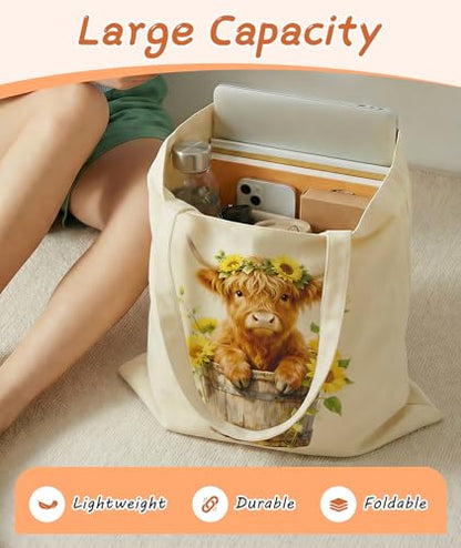 Women's Canvas Tote Bags with Inner Pockets & Metal Snap, Reusable Tote Bag for Girl's Vacation Travel Gym Shopping - color: Highland Cow