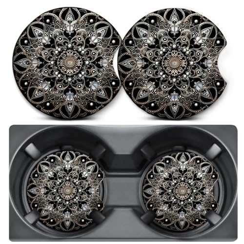 2 Pack Mandala Lotus Car Coasters for Cup Holder,Neoprene Anti Slip Mat - color: Mandala Lotus - Black