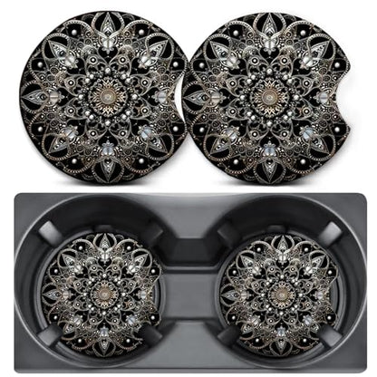 2 Pack Mandala Lotus Car Coasters for Cup Holder,Neoprene Anti Slip Mat - color: Mandala Lotus - Black