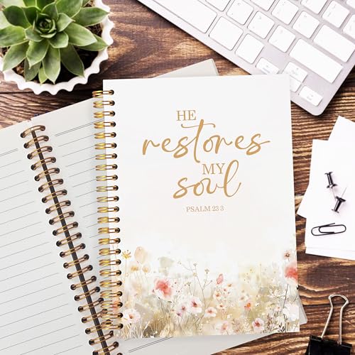Christian Notebook for Women, Christian Gifts Journal, Prayer Journal for Women, Bible Journaling Notebook, PSALM 23:3 He Restores My Soul Floral Spiral Notebook 5.5x8.3 - color: Beige