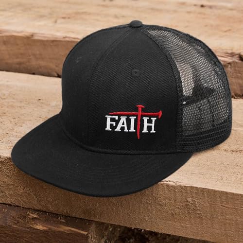 Christian Hats for Men Women - Cross Faith Flat Snapcback Hats - Religious Gifts for Thanksgiving Christmas - color: Black Mesh/Faith Red
