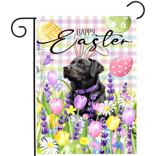 Happy Easter Labrador Dog Garden Flag Black Lab Spring Flags Buffalo Plaid Bunny Eggs Yard Flag for Outside 12x18 Double Sided Small Decorative Floral Outdoor Flag - color: easter-blacklab