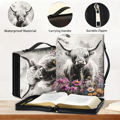 Bible Cover for Women Large PU Leather Zippered Bible Case with Handle and Flower Highland Cattle Design, Christian Bible Cover for Girls & Women, Cover Fits Standard 9.5"x7.5"x2.3" Bible - color: Flower Highland Cattle