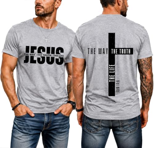 Christian Shirts for Men Jesus T Shirt The Way The Truth The Life Shirts - color: Grey, size: Large