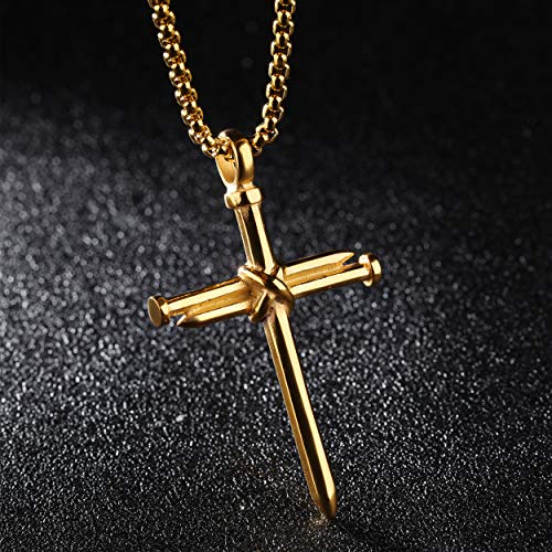 Men's Stainless Steel Nail Cross Pendant Necklace With 24 Inch Chain - color: Gold