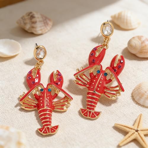 Creative Exaggerated Ocean Animal Drop Dangle Earrings for Women, Bohemia Style Alloy Lobster Octopus Fish Crab Earrings for Summer Beach Holiday Party Jewelry Gifts - style: Rhinestone Red Lobster Dangle Earrings-D