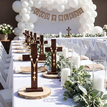 Novabright 6 Sets Baptism Centerpieces Table Decorations First Communion Wooden Cross Ornament Set with Mini Rosary Beaded Wood Slices for Baptism Celebration Church Ceremony Party Decor Gift