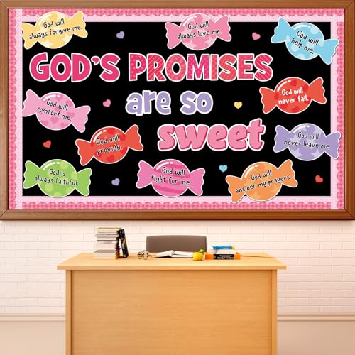 Valentine's Day Sweet Candy Bulletin Board Set Christian Classroom Decorations Valentines Religious God’s Promises Candy Paper Cutouts for Sunday School Church Office Home Chalkboard Wall Door Decor - style: God’s promises are so sweet