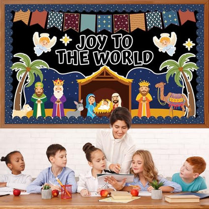 Christmas Nativity Scene Bulletin Board Set Christian Jesus Birth Classroom Decoration Joy to The World Bulletin Board Religious Paper Cutouts for Sunday School Classroom Church Chalkboard Wall Decor - style: JOY TO THE WORLD